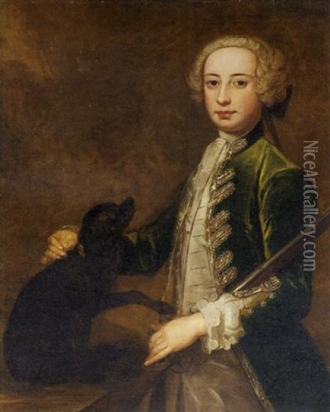 Portrait Of A Young Gentleman In A Green Coat, Holding A Gun, With A Spaniel Oil Painting - Joseph Highmore