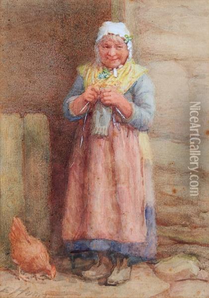 'st. Patrick's Day', An Old Ladyknitting Oil Painting - Edith Hume