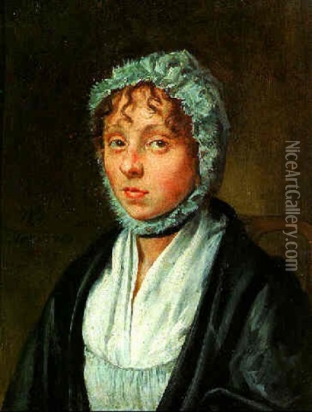 Portrait Of A Young Woman Seated, Wearing White Chemise, Dark Grey Wrap And Lace Bonnet Oil Painting - Wybrand Hendriks