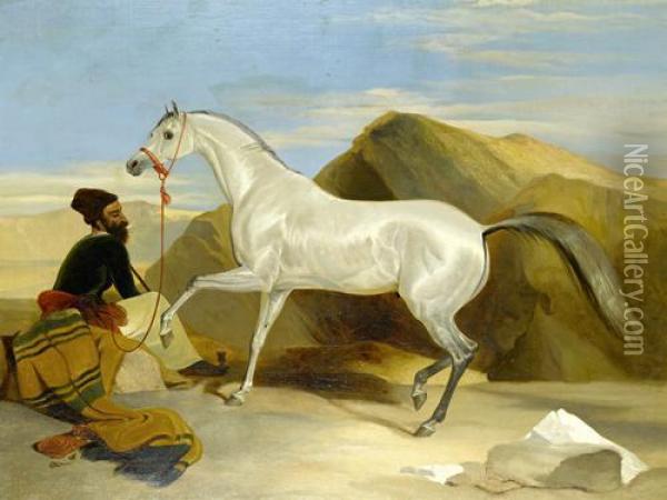 Arab Stallion With An Attendant Oil Painting - Landseer, Sir Edwin