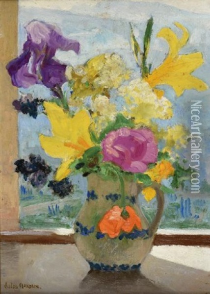 Bouquets De Fleurs Dans Un Pichet Huile Sur Toile Signee En Bas A Gauche Oil Painting - Jules Leon Flandrin