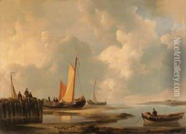 Figures At The Shore Oil Painting - Johannes Christian Schotel