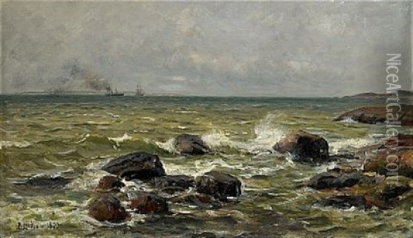 Kustvy Med Segelfartyg I Horisonten Oil Painting - Berndt Adolf Lindholm