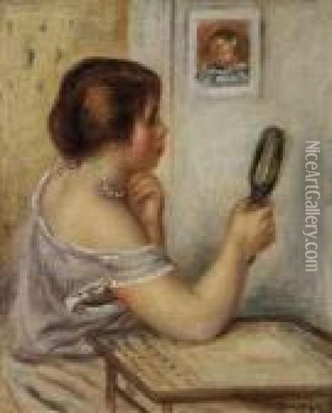 Gabrielle Tenant Un Miroir Ou Marie Dupuis Tenant Un Miroir Avec Unportrait De Coco Oil Painting - Pierre Auguste Renoir
