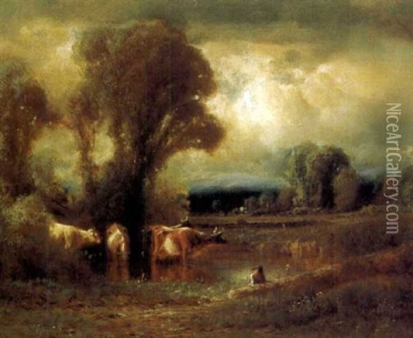 Shepherd In The Meadow, Maine Oil Painting - James Fairman