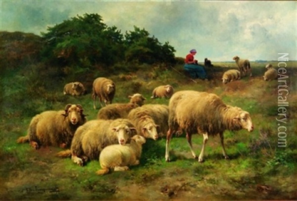 Sheep And Shepherdess Oil Painting - Cornelis van Leemputten
