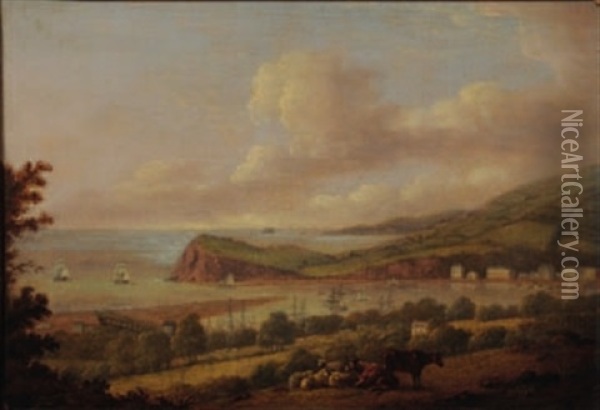 View To Shaldon From Above Teignmouth, Cattle And Sheep In The Foreground, Shipping In The Harbour Beyond Oil Painting - Thomas Luny