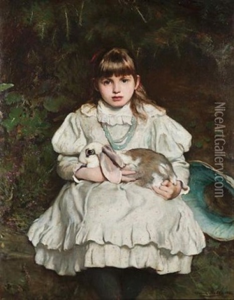 Portrait Of A Young Girl Holding A Pet Rabbit Oil Painting - Francis Montague (Frank) Holl