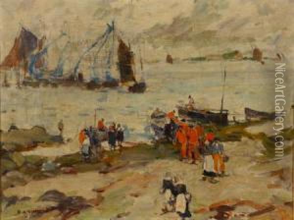 Brittany Coastal Scene With Figures Oil Painting - Harry Aiken Vincent