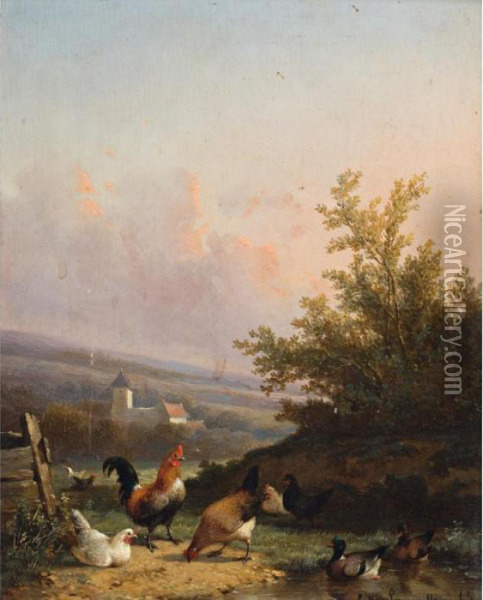 Landscape With Ducks And Fowl Oil Painting - Cornelis van Leemputten