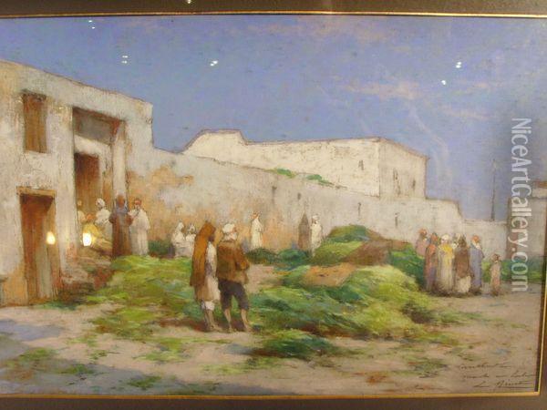 Le Marche Aux Herbes, Constantine Oil Painting - Louis Emile Minet