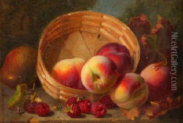 Still Lifestudy Of Peaches And Raspberries By As Basket, On A Wooden Ledgewith Two Wasps Oil Painting - Eloise Harriet Stannard