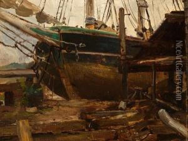 Boatyard Oil Painting - John Henry Twachtman