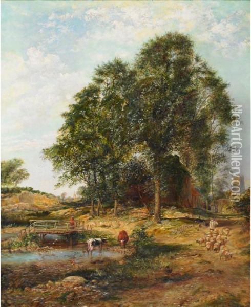 Shepherd Leading A Flock Of 
Sheep Towards A Pool With Cattle Watering And Distant Windmill Oil Painting - Edward Jr Williams