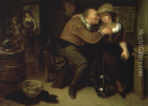 Tavern Interior With A Peasant Making An Amorous Advance To A Serving Girl Oil Painting - Bartholomeus Molenaer