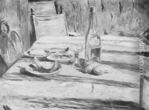 Stilleben Mit Weinflasche, Glas Und Tellern Auf Einem Tisch Oil Painting - Theodor Joseph Hagen