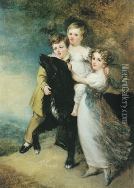 Three Children With A Dog In Alandscape Oil Painting - Sir William Beechey
