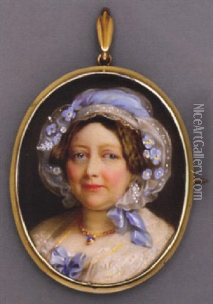 Princess Augusta Sophia In Dress With Blue Bow At Corsage, Lace Shawl, Gold Necklace With Pendant, Spotted Muslin Cap And White Flowers In Her Brown Hair Oil Painting - Henry-Pierce Bone