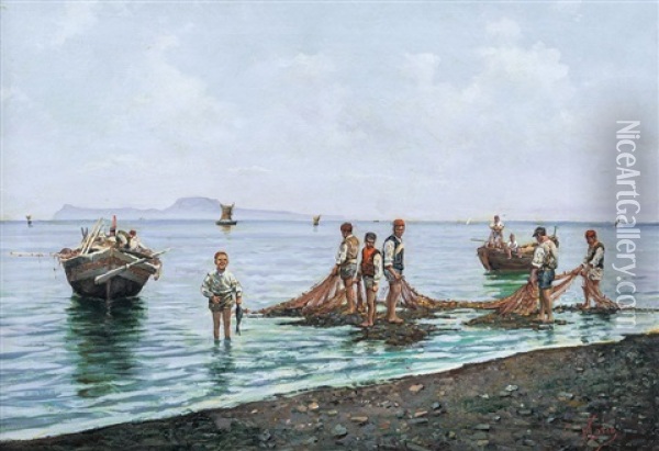 Pescatori Con Reti Oil Painting - Vincenzo Loria