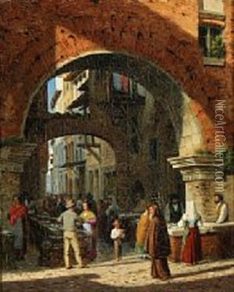 View From A Fish Market In Rome Oil Painting - Heinrich Hansen