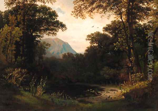 A woodland pond with mountains beyond Oil Painting - Continental School