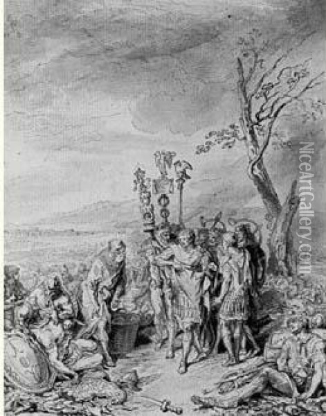 Trajan Dechire Ses Vetements Pour Servir A Bander Les Plaies Des Blesses Oil Painting - Gabriel De Saint Aubin