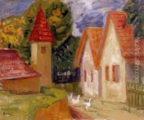Village Street With Geese Oil Painting - Robert Bereny