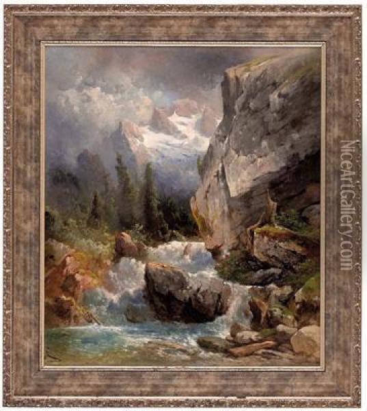 Wildbach In Den Osterreichischen Alpen Oil Painting - Carl Haunold
