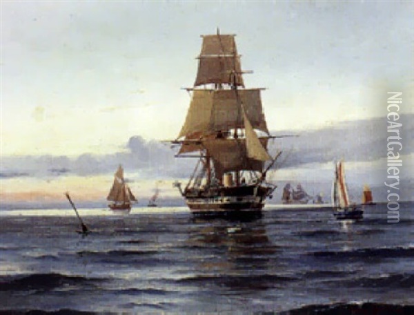 Marine Med Fregat, Stille Fejr Oil Painting - Vilhelm Victor Bille
