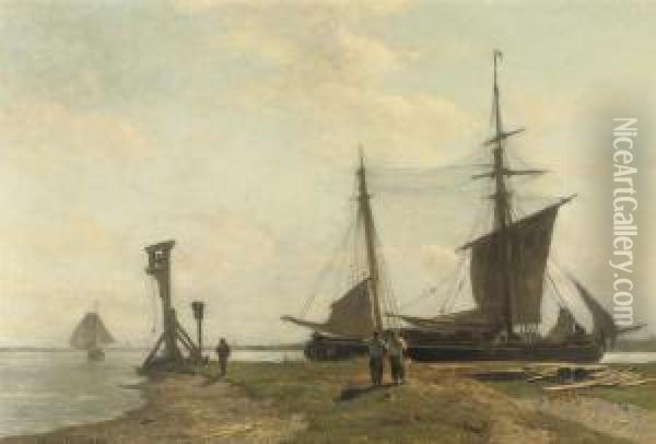 A Moored Two-master On The River-shore Oil Painting - W.A. van Deventer