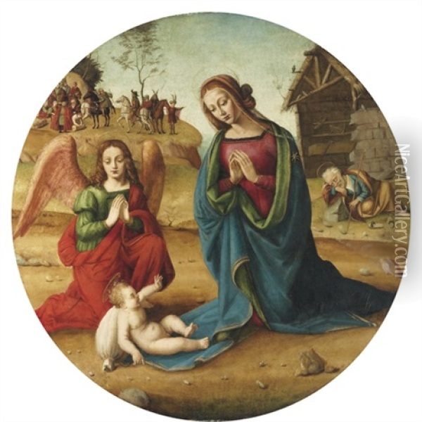 The Holy Family With An Adoring Angel Oil Painting -  Piero di Cosimo