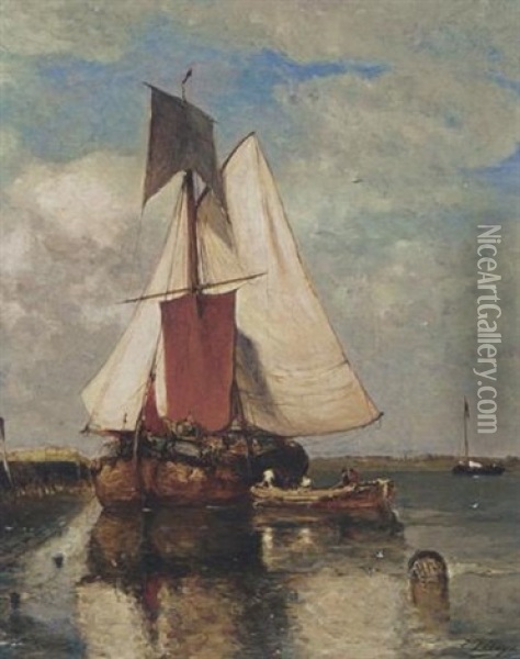 A Fishing Boat In An Estuary Oil Painting - Paul Jean Clays