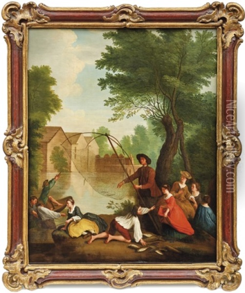 Vornehme Gesellschaft Beim Fischen Am Flussufer Oil Painting - Louis Joseph Watteau