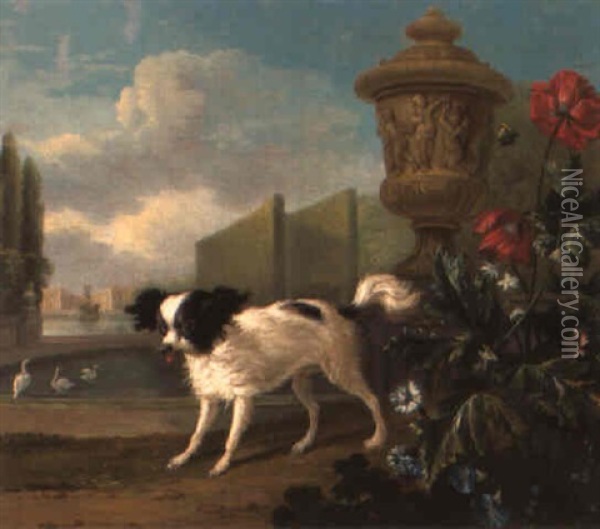 A Black And White Papillon In A Park Next To A Vase Oil Painting - Jean-Baptiste Oudry