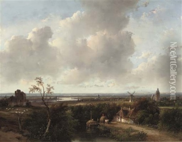 A Panoramic Summer Landscape With The Ruins Of Brederode Castle Near Haarlem Oil Painting - Andreas Schelfhout