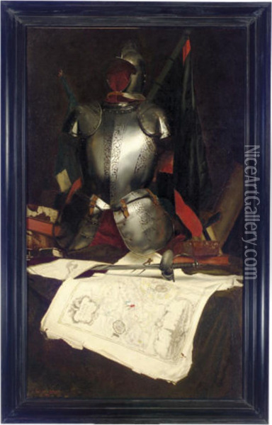 Still Life With Armor And A Map Of The Alsace Oil Painting - Hippolyte Pierre Delanoy