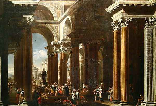 An Architectural Capriccio with a Roman Sacrifice Oil Painting - Gargiulo, D. (M. Spadaro) (1612-75) and Codazzi, V. (1603-72)