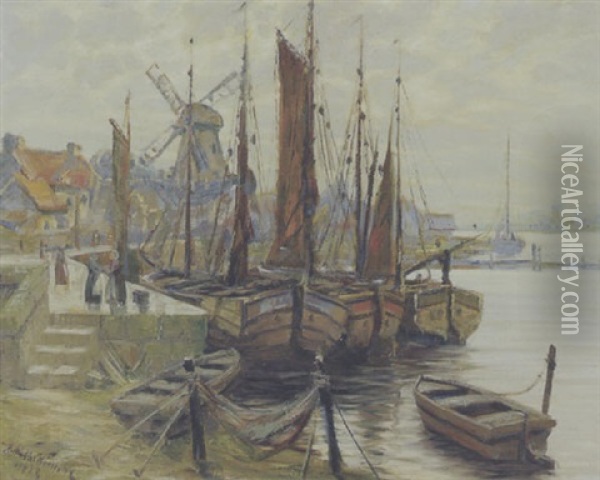 Hollandsk Havneparti Med Sejlskibe Ved Kajen, I Baggrunden Byhuse Og Molle Oil Painting - Anton Mueller-Wischin