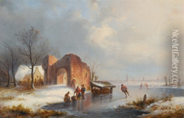 Winter Landscape With Skaters On A Frozen River Oil Painting - Ernst Bosch