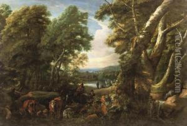 A Wooded Landscape With Shepherds And Cattle Resting Near Alake Oil Painting - Jaques D'Arthois