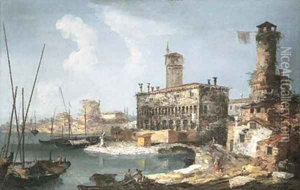 A capriccio landscape with a medieval palace and a tower Oil Painting - Michele Marieschi