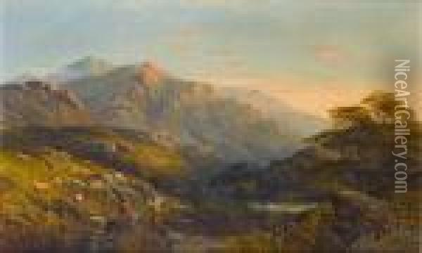 Figures In A Highland Landscape At Sunset Oil Painting - Alfred Augustus Glendening