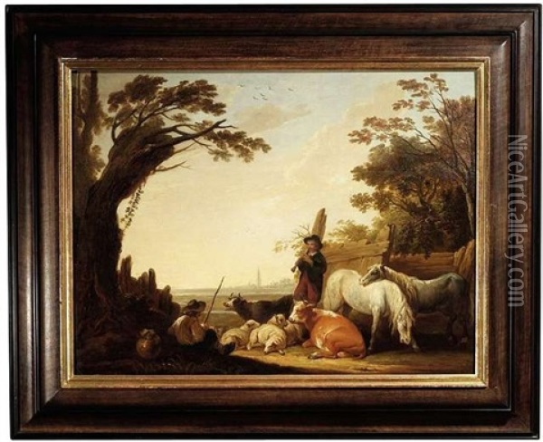 Herde Mit Schafen, Rindern Und Pferden Und Zwei Hirten, Der Eine Flote Spielend Oil Painting - Abraham Van Calraet
