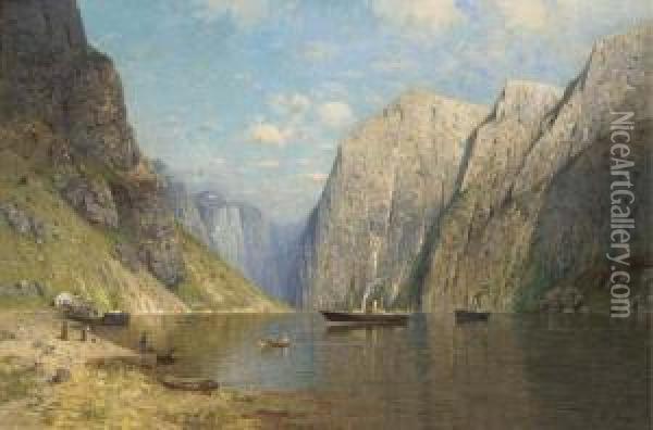 A Norwegian Fjord Oil Painting - Greben