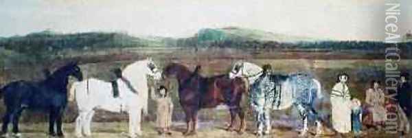A Farmer with his family farm workers and four shire horses Oil Painting - William Nedham