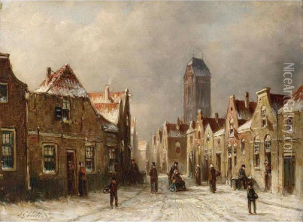 Figures In The Streets Of A Snow Covered Dutch Town Oil Painting - Pieter Gerard Vertin
