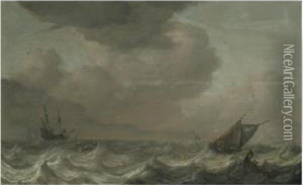 A Dutch Merchant Vessel And Other Shipping In Choppy Waters Oil Painting - Pieter the Younger Mulier