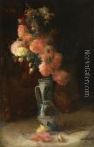 Vase With Chrysanthemums And Roses Oil Painting - Ipolit Strambu