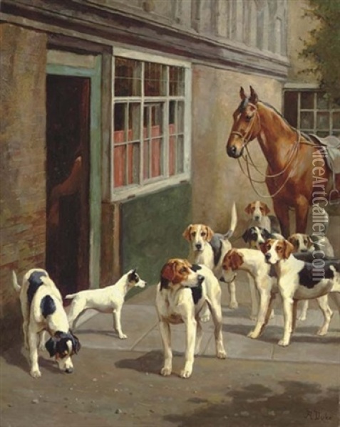 Before The Hunt - Foxhounds And A Jack Russell Terrier With A Saddled Hunter Outside A Stable Oil Painting - Alfred Duke