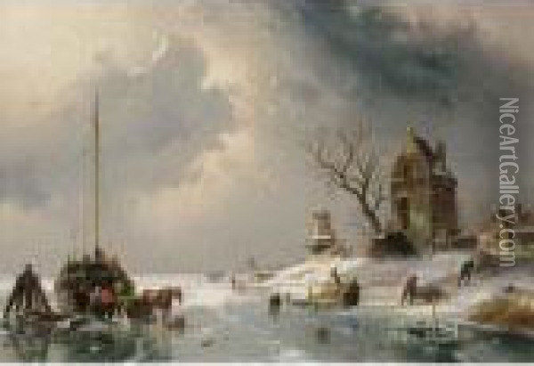 Figures Loading A Horse-drawn Cart On The Ice Oil Painting - Charles Henri Leickert